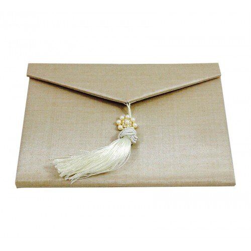 Pearlescent Champagne Silken Envelope Adorned with Tassel Pearl Brooch