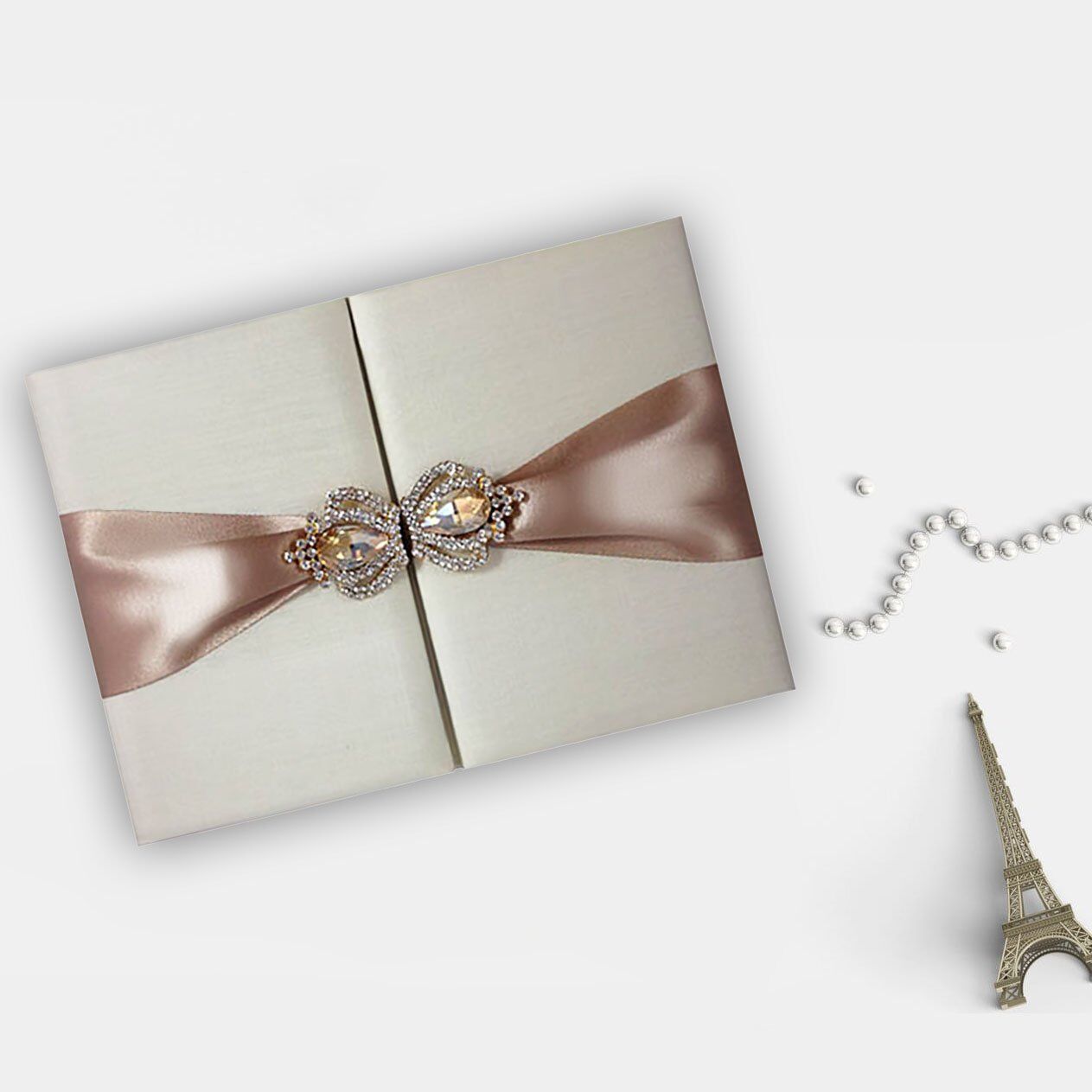 Royal Crowned Silk Folio: Ivory Creamy Invitation with Shimmering Gate-Fold Brooch