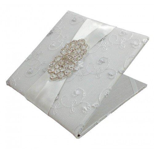 Pristine White Lace Folder with Sparkling Crystal Brooch Accent