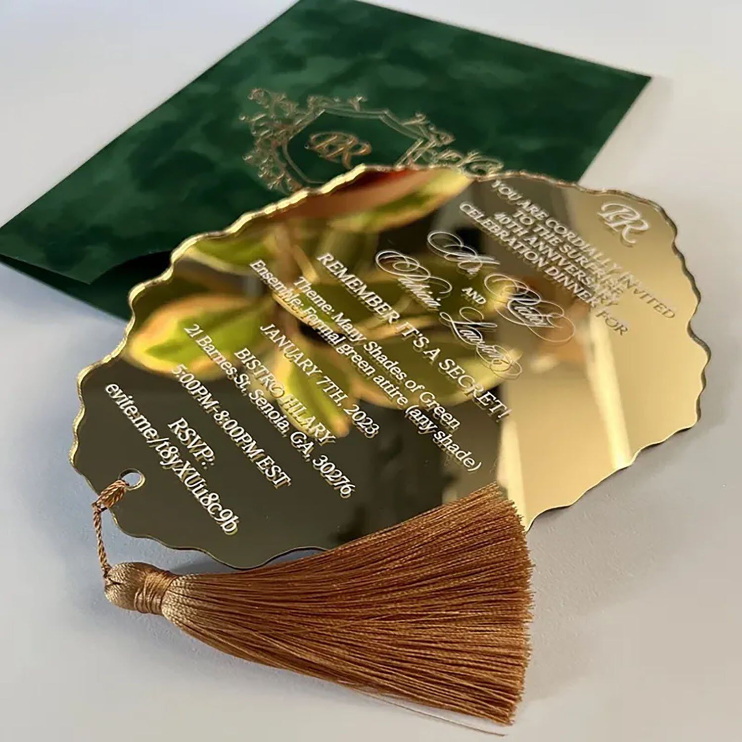 Prismatic Laser-Etched Acrylic Card, Tasseled, Gold-Foiled Suede Envelope