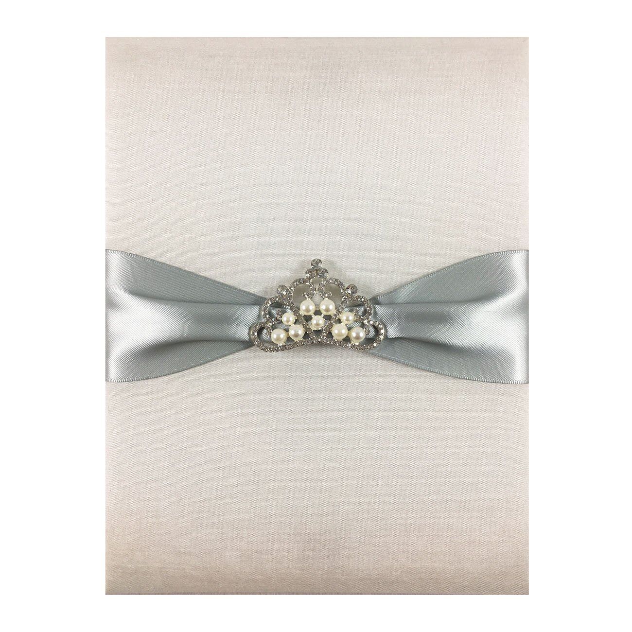 Pearl-Crowned Ivory Silver Invitation Pad with Royal Brooch Accent