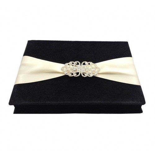 Black Velvet Royal Box Invitation with Crystal Gem and Wide Ribbon