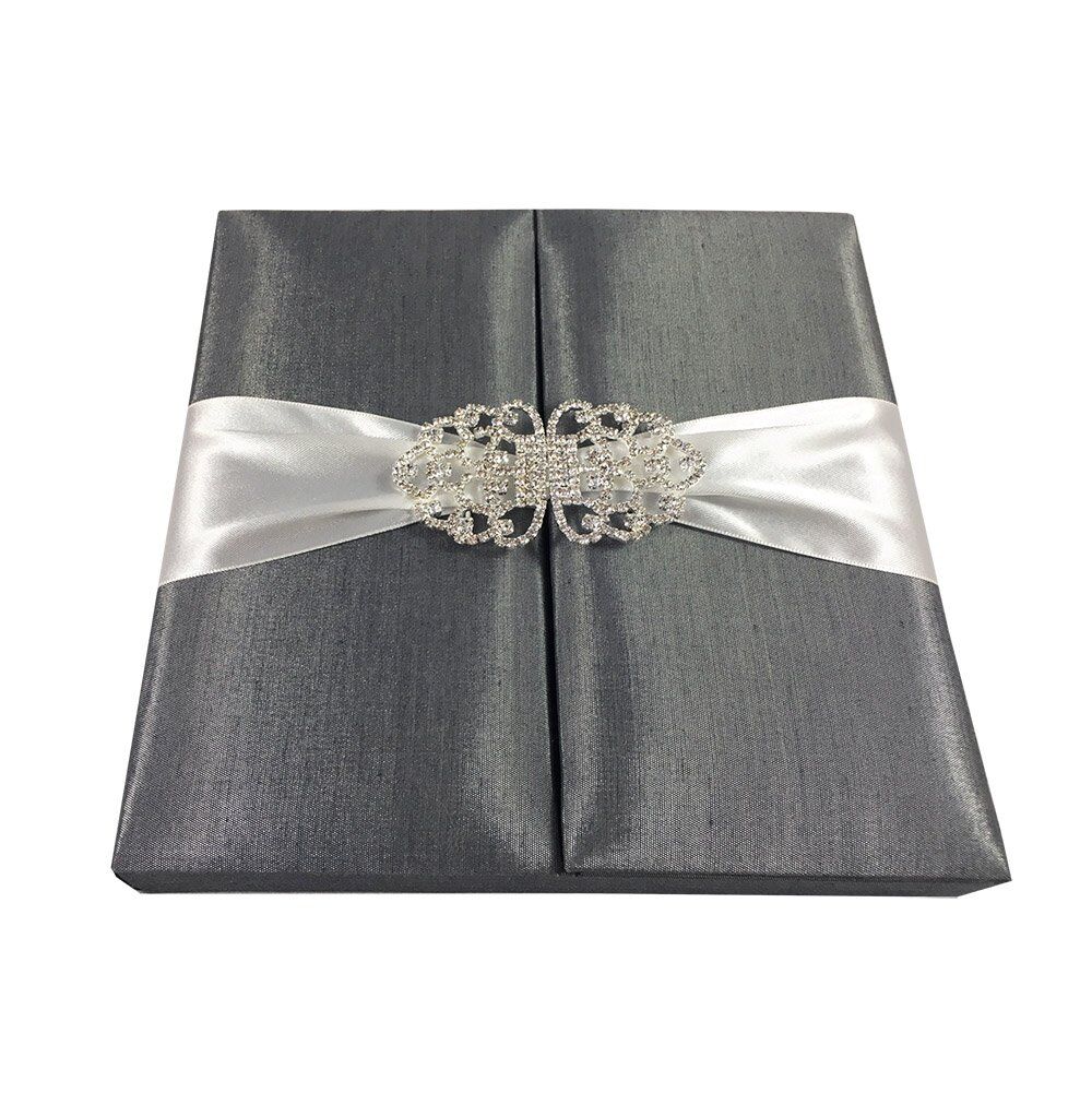 Crystal-Adorned Slate Grey Boxed Wedding Invitation with Elastic Band Closure