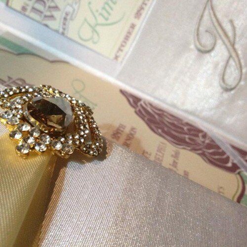 Royal Ivory Silk Gate-Fold Invitation with Crown Brooch