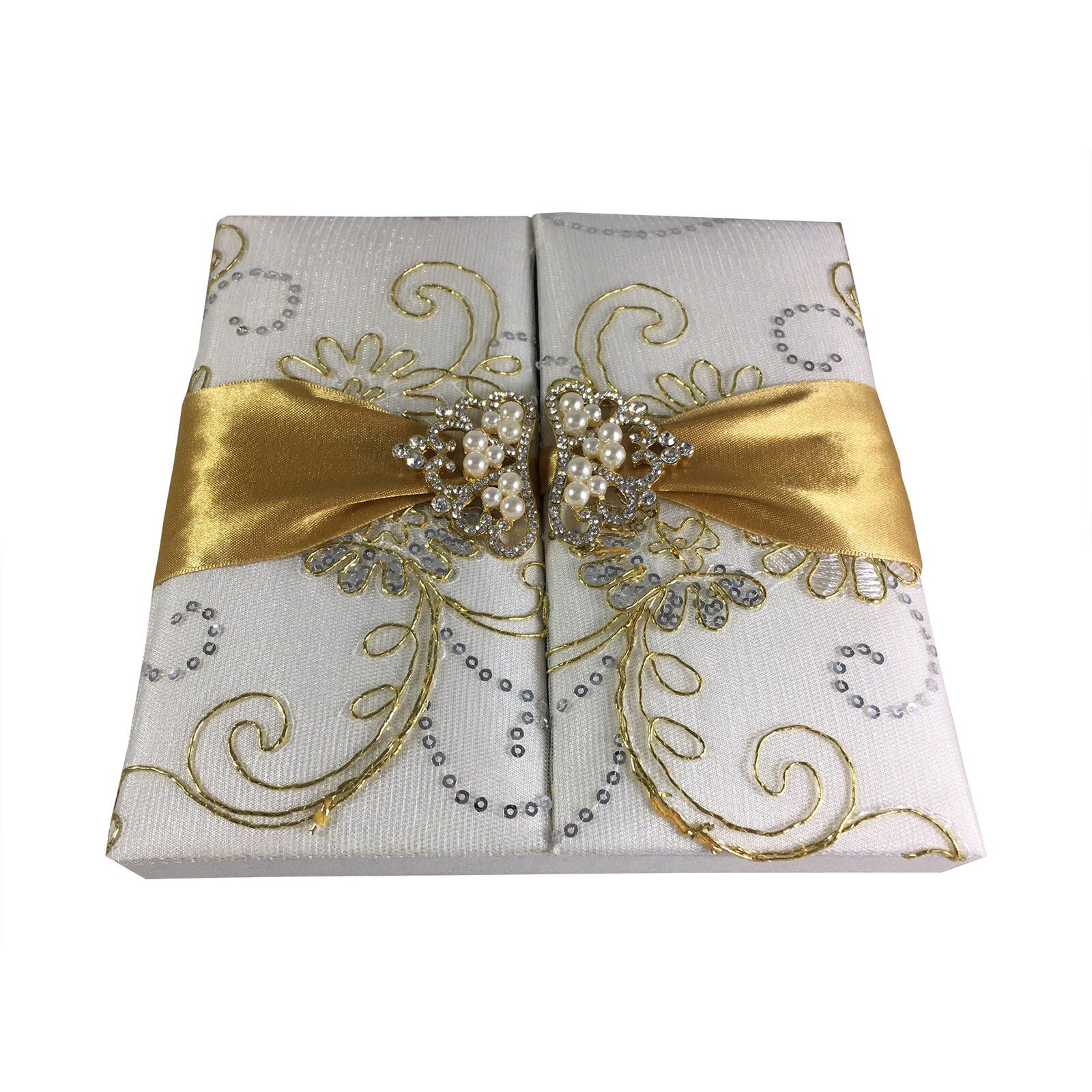 Pearl-Crowned Ivory Box Invitation with Gold Lace Embellishment