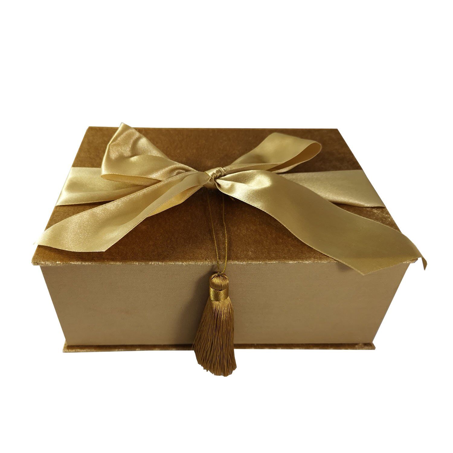 Gilded Opulence Gift Box: Tasseled Golden Bow Adornment
