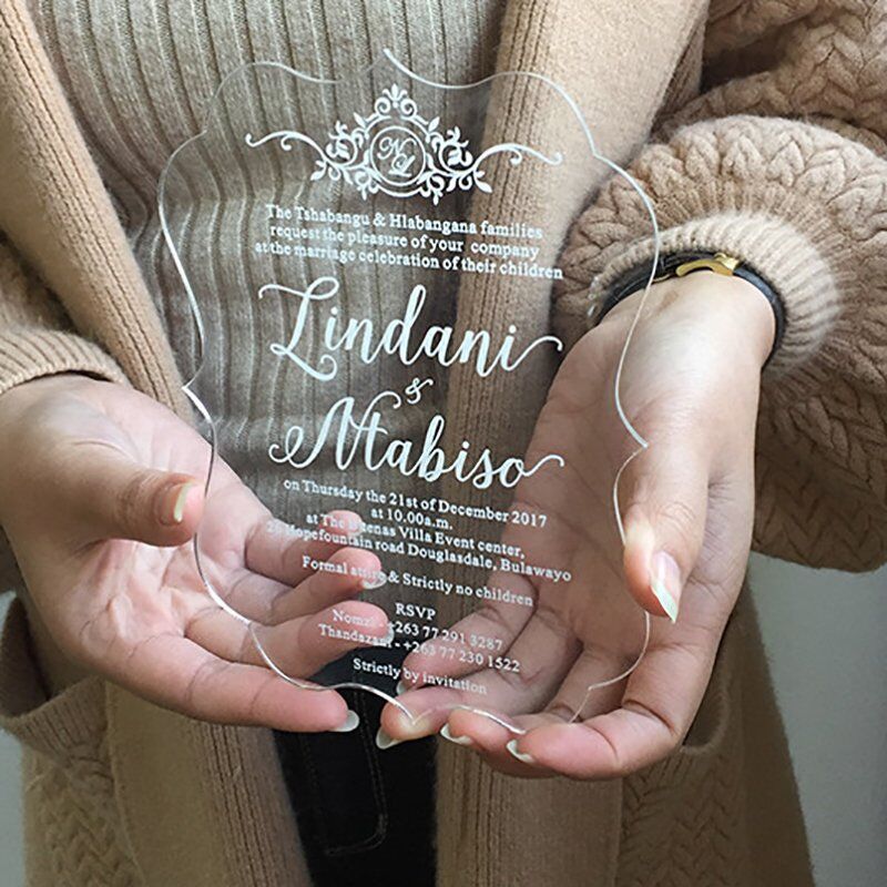 Crystalline Frost-White Matrimony Announcement Acrylic Cards