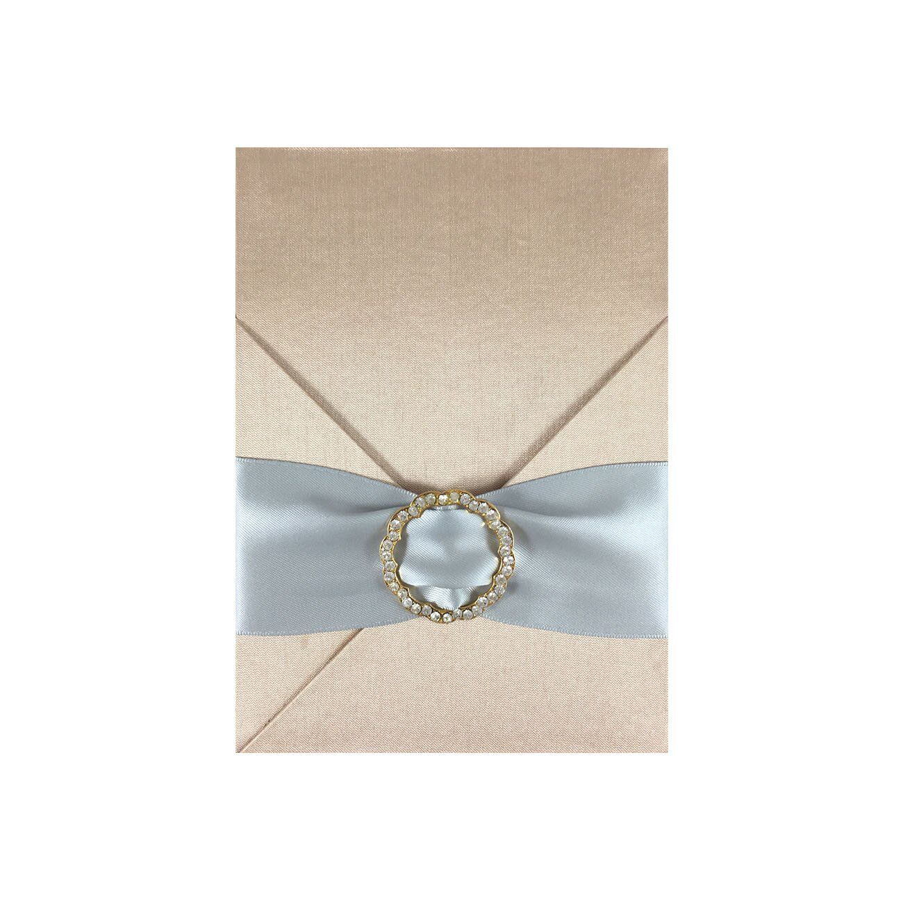 Gossamer Ivory Silk Invitation Card with Golden Brooch Embellishment