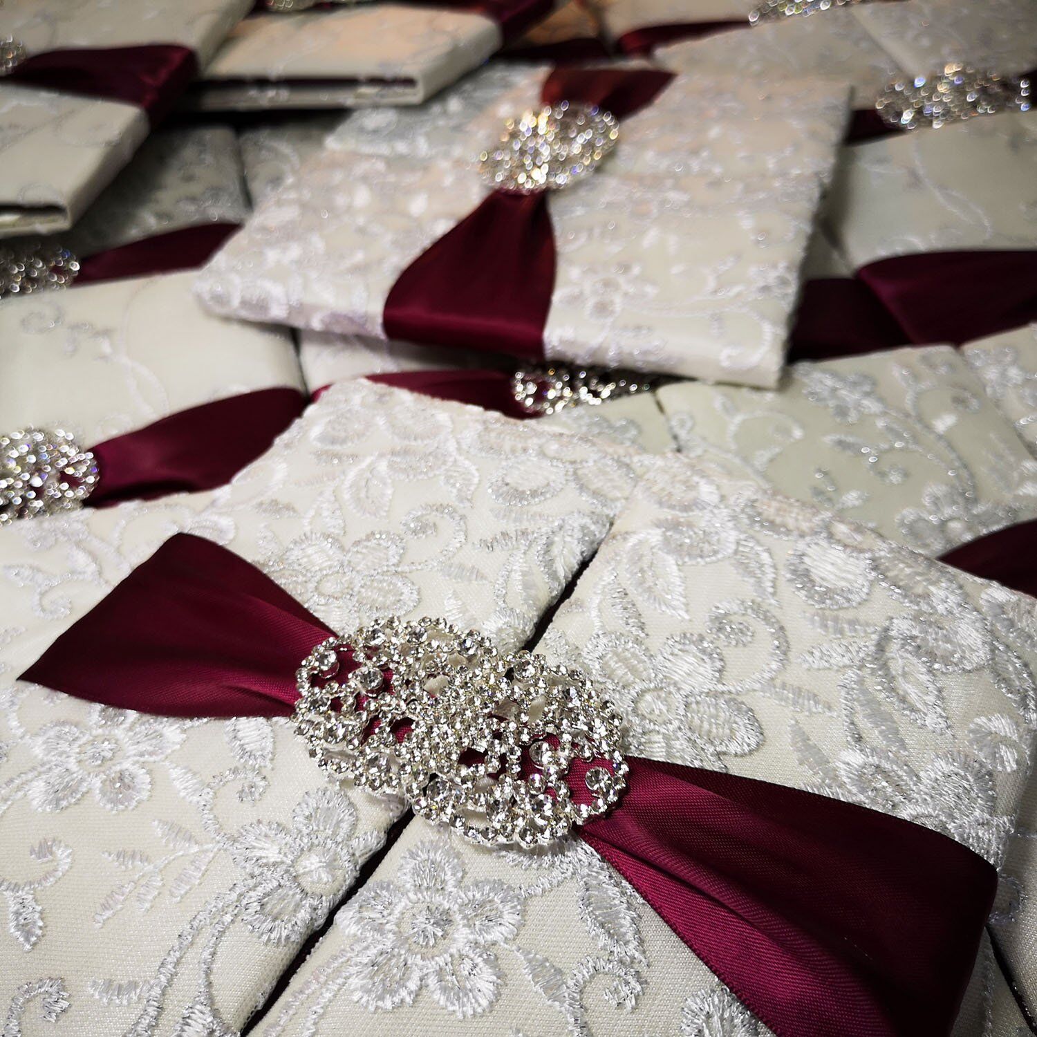 Pearl White Square Lace Folio Wedding Invitation with Crystal Clasp