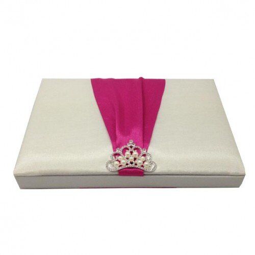 Shimmering Pearl Crown Brooch White Wedding Invitation Box with Pocket