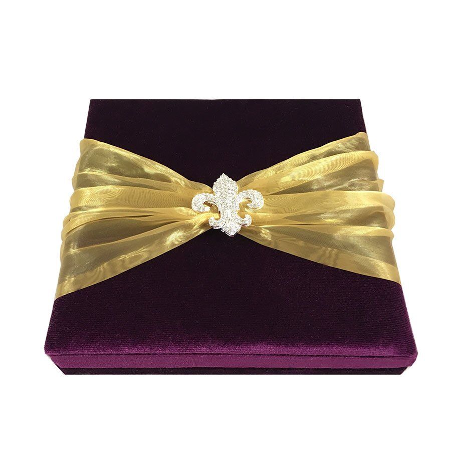 Regal Amethyst Velvet Invitation Box with Fleur-De-Lis for Weddings