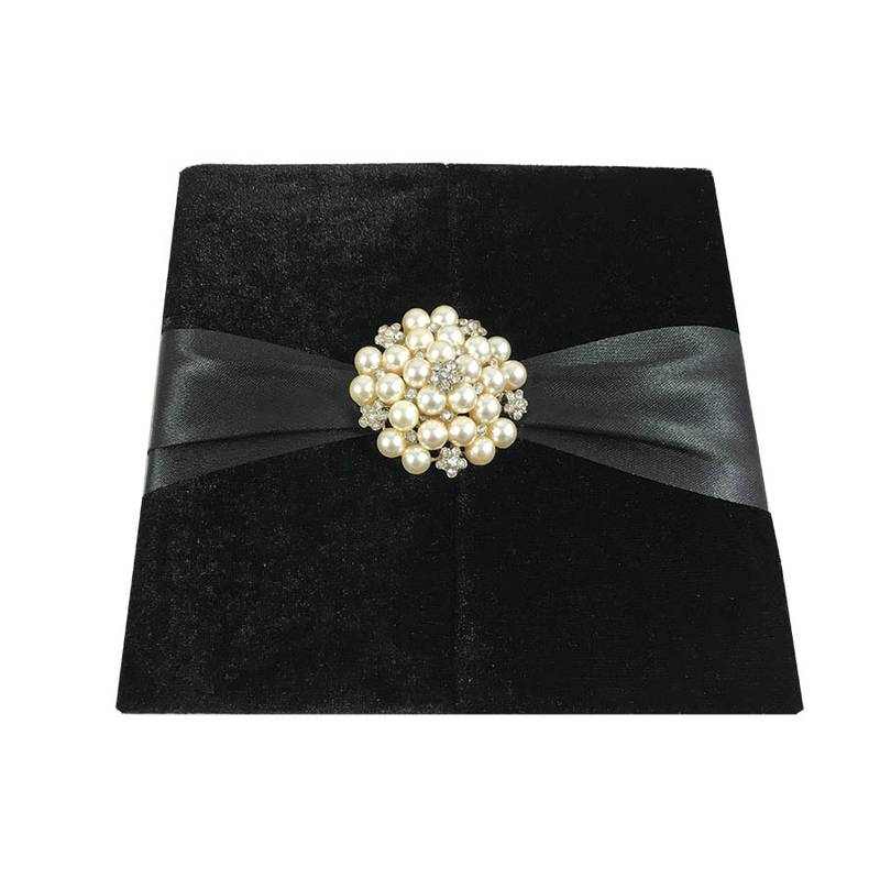 Midnight Velvet Pearl-Adorned Wedding Invitation Pocket Folder