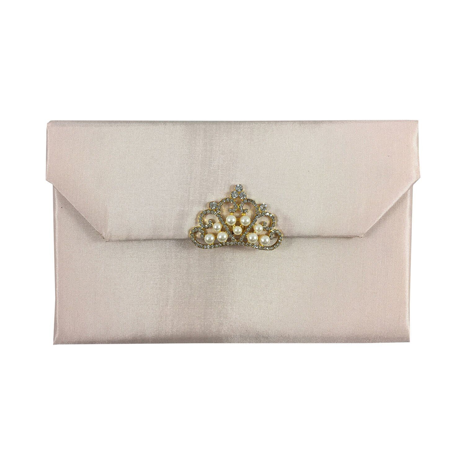 Royal Rosy Silk Envelope Adorned With Crown Pearl Embellishment