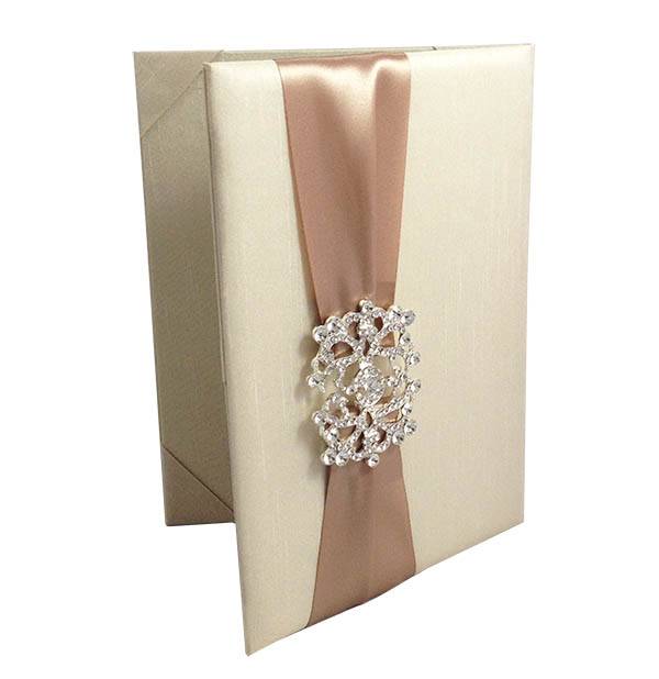 Hand-Painted Ivory Silk Folio Wedding Invitation with Royal Brooch Accent