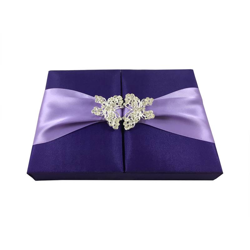 Purple Orchid Silk Box with Shimmering Butterfly Crystal Brooch Invitation