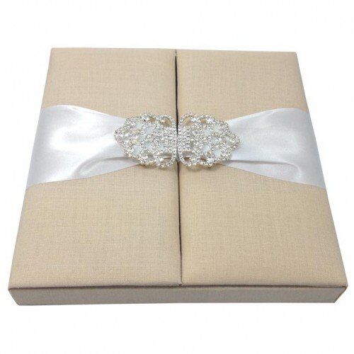 Crystal-Clasped White Linen Wedding Invitation Keepsake Box