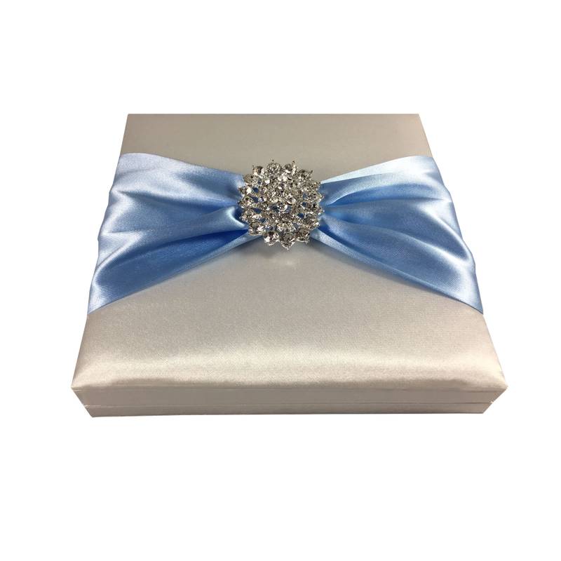 Off-White Ocean Blue Brooch Couture Wedding Box Invitation