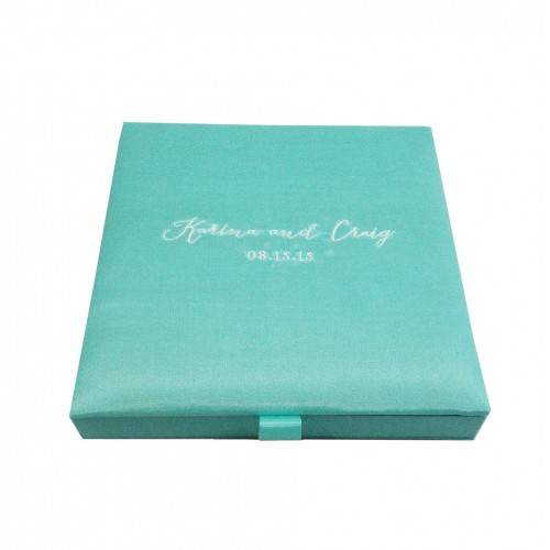 Sapphire Box: Embroidered Monogram Silk Wedding Invitations in Aqua Blue