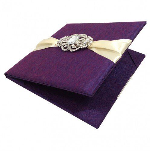 Purple Silk Invitation Folder with Sparkling Crystal Brooch Accent