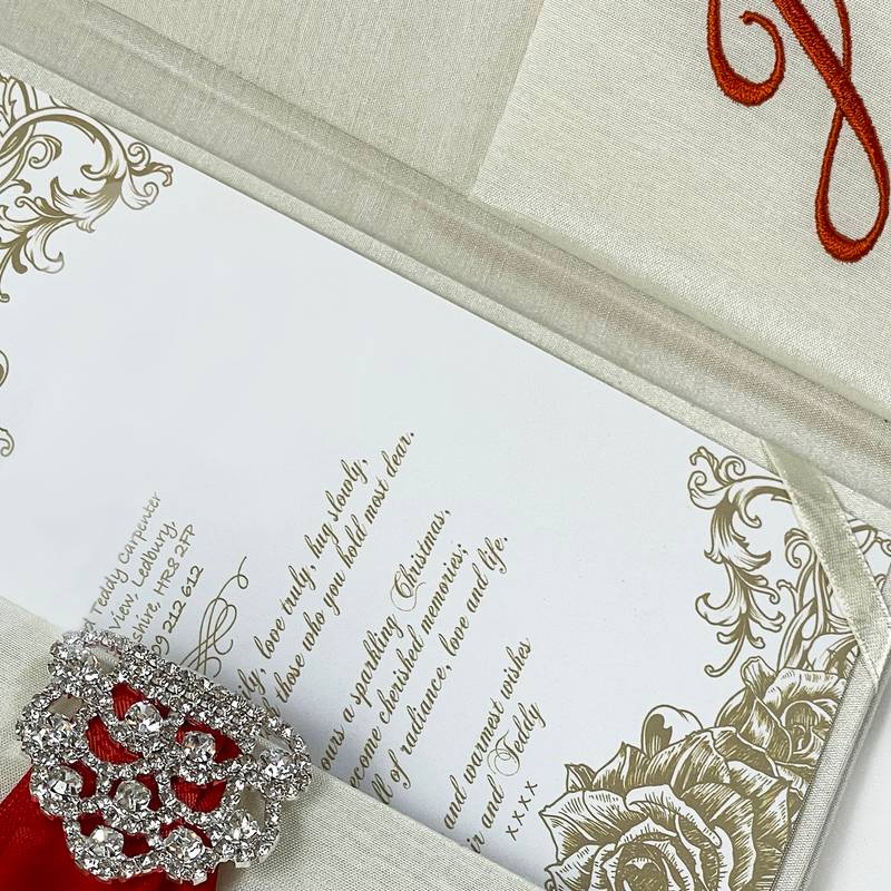 Sparkling Personalized Ivory-Amber Silk Envelope with Rhinestone Detail