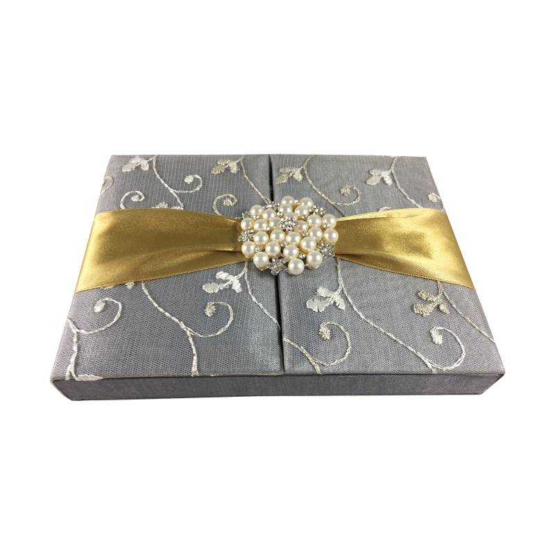 Pearl-Embellished Silver Silk Floral Wedding Keepsake Box
