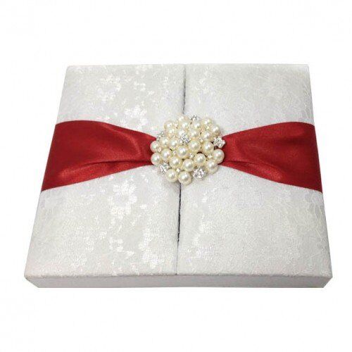 Pearl-Adorned Silk Bridal Box: Ivory Lace Wrapped Invitation Treasure